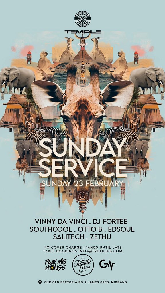 TequilaGangsa's tweet photo. Set TIMES
14:00-0:00 

⛳️ @templejhb aka @truthjhb 

#SundayChurchService Do JOIN|| DeepHouseMusic meets Afro| #WeLoveHouseMusic #InOurHouseWeAreEqual ✊🏿•| https://t.co/eAJHtuLGWG