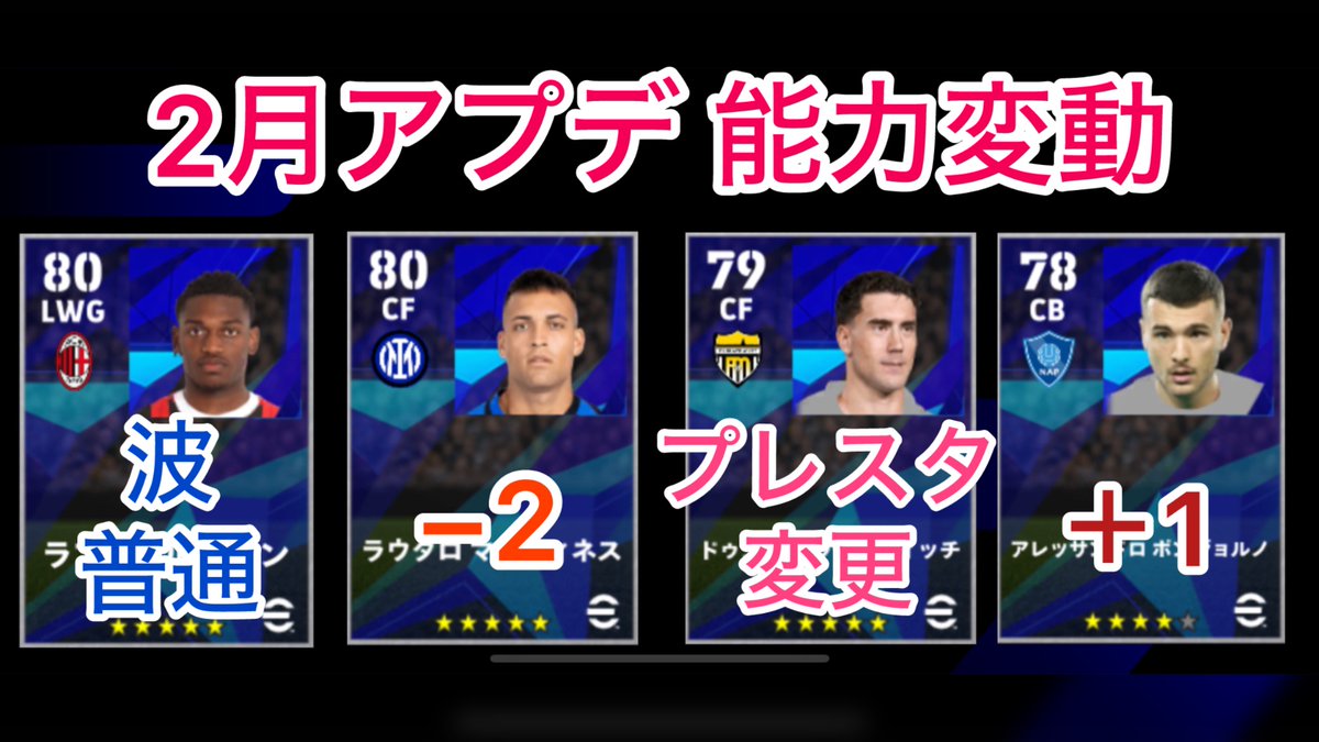 ミラン
インテル
ユヴェントス
ナポリのアプデ能力変更まとめ動画です

【セリエA編】2/20アップデートで能力変更があった選手を紹介！【イーフト】【efootball】
youtu.be/ssGUFbqRKaw