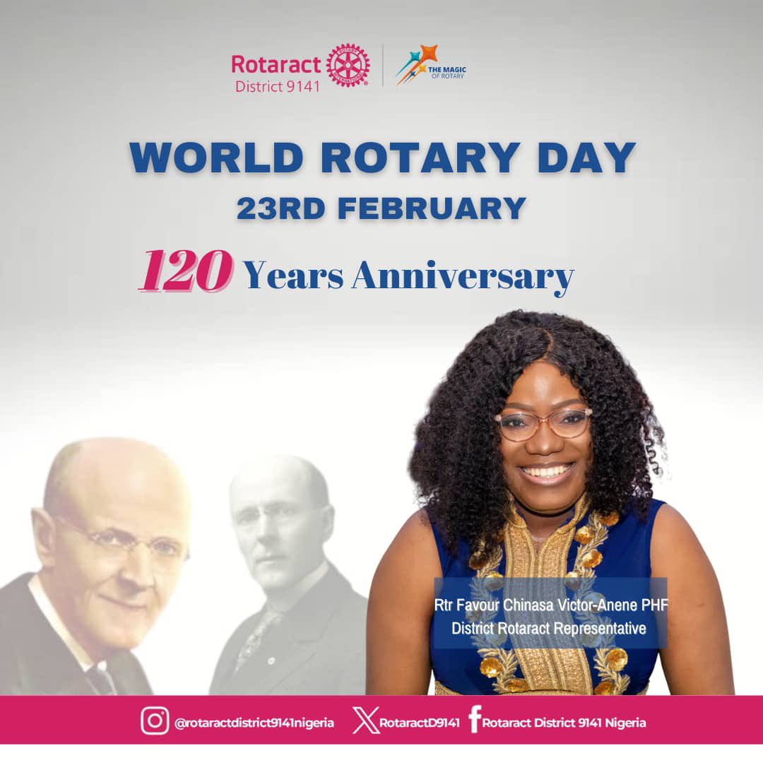 RotaractD9141's tweet photo. 🌍 Happy World Rotary Day! 🎉
Celebrating 120 years of service, leadership, and impact! Proud to uphold Service Above Self in Rotaract District 9141. Rtr. Favour Chinasa Victor-Anene PHF. Cheers to 120 years of making a difference
#WorldRotaryDay #Rotary120 #ServiceAboveSelf https://t.co/tmYezBllyf