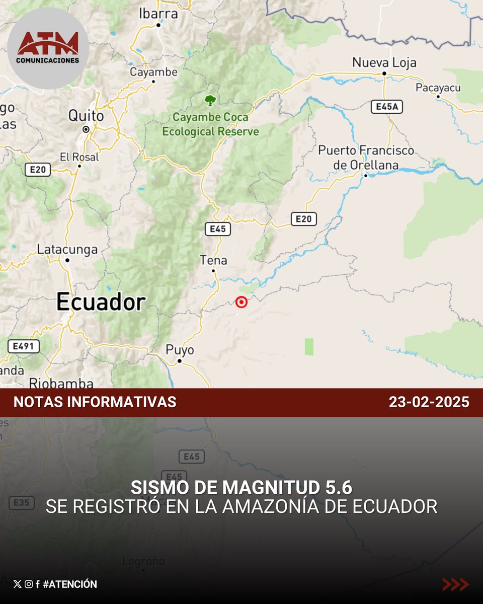 ATMNoticiasEc's tweet photo. 📈 #URGENTE | Fuerte sismo en Ecuador sorprende este domingo 23 de febrero del 2025. ¿Dónde lo sintió? 
ATM Noticias 🌐📡

ℹ️ Lee los detalles aquí👇
https://t.co/QYQErUUWaV https://t.co/zEjBWQkX1V