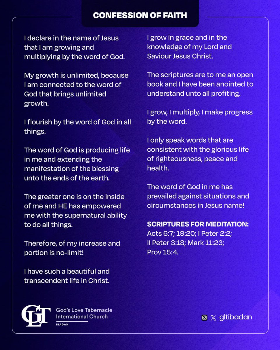 Confession of Faith! 🗣️
Sunday 23/02/2025

#faith #confession #GLTIbadan #GLTChurch #AThousandTimesMore