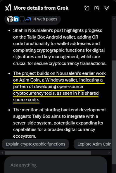 shn_noursalehi's tweet photo. خیلی جالبه که #Grok متوجه شده این پروژه هم زیر مجموعه #Azim_Coin هست!! اینجوری که نوشته، رفته سورس کدهای پروژه رو هم برداشته و خونده!!
ببینیم به کجا میرسه.. https://t.co/au4TgvDIwL