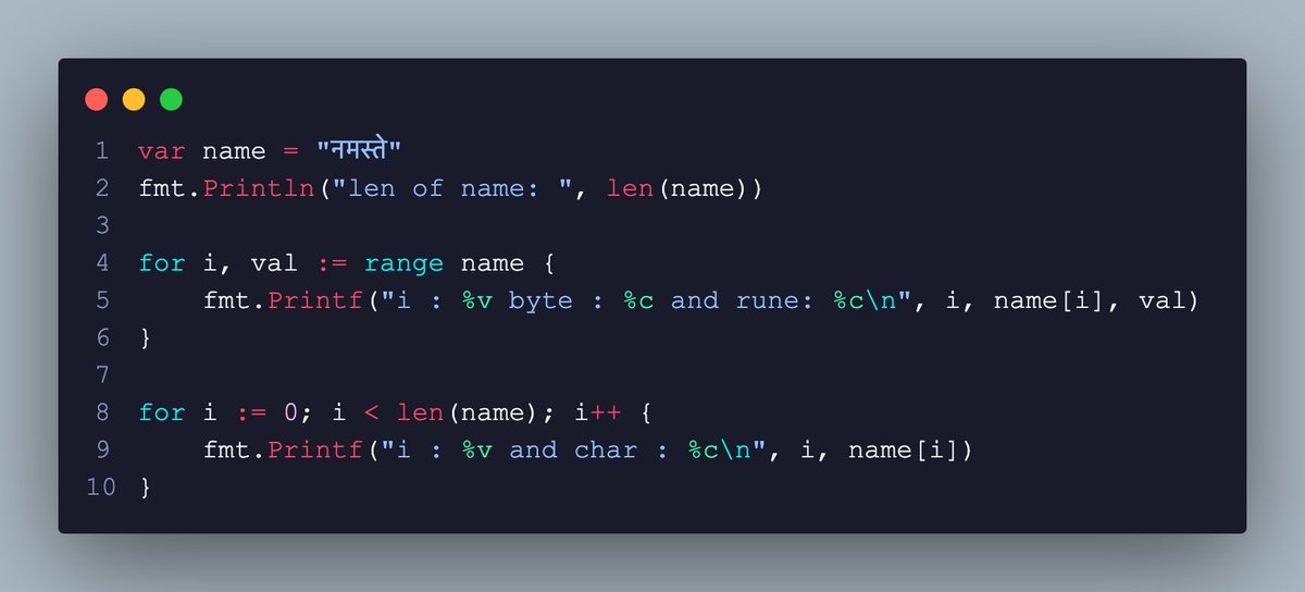 Sai7xp's tweet photo. Gophers, guess the output

are `len(name)`  &amp;  `len([]rune(name))` same ?

#golang https://t.co/n1EW1tGO4l