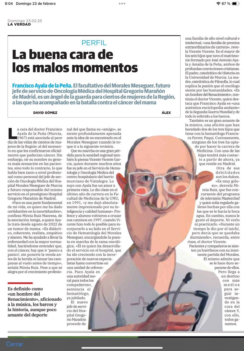 Magnífico perfil humano de Francisco Ayala en <a href="/laverdad_es/">laverdad_es</a> Nuestro compañero ha obtenido la jefatura de Servicio de Oncología Médica del Hospital Gregorio Marañón de Madrid. ¡ Buen trabajo David Gómez ! <a href="/_SEOM/">SEOM</a> <a href="/Area6VegaMedia/">Área 6 Vega Media</a> <a href="/Area7ReinaSofia/">Area7ReinaSofía</a> <a href="/Area2Cartagena/">@Area2Cartagena</a> <a href="/AreaUnoArrixaca/">Área 1 Arrixaca</a>