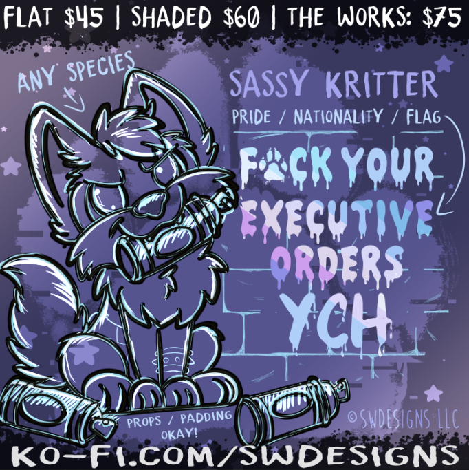 SWDesignsArt's tweet image. F YOUR EXEC. ORDER YCH is PUBLICALLY UP NOW!
- Only 7 Slots Left already for this first release! 
Turnover is 1-2 Days!
ko-fi.com/c/5a3c4a5c4c #Furry #ychcommission