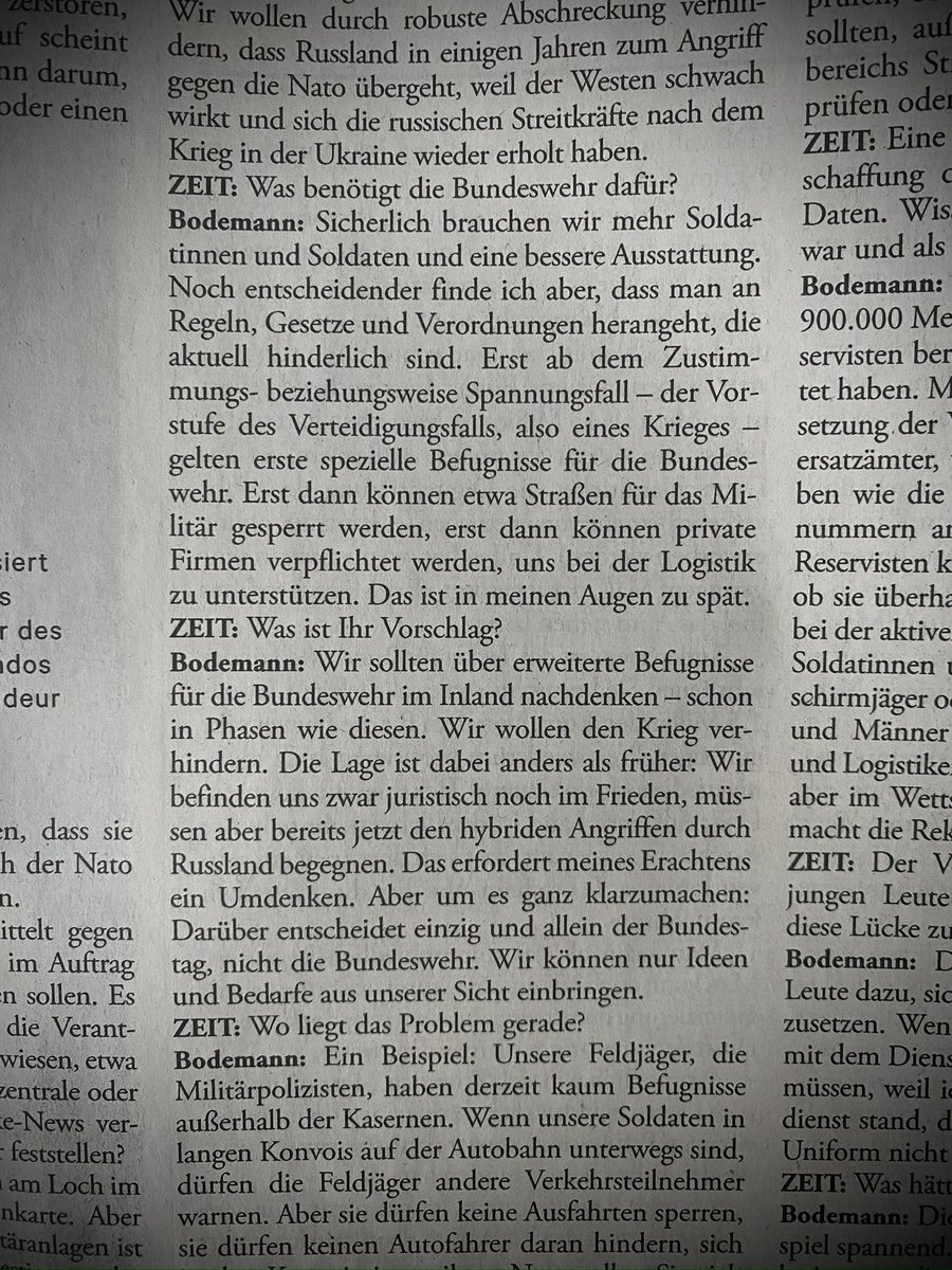 Max Hägler (@maxhaegler) on Twitter photo Ungewohnte Worte eines Top-Militärs & relevant für nä BTag: D brauche mehr Ausrüstung, mehr Soldaten, sagt General Bodemann. Noch wichtiger zur effizienten Verteidigung seien aber ein Bürokratie-Abbau und ein erleichterter Einsatz der #Bundeswehr im Inland. Ungewohnte Worte eines Top-Militärs & relevant für nä BTag: D brauche mehr Ausrüstung, mehr Soldaten, sagt General Bodemann. Noch wichtiger zur effizienten Verteidigung seien aber ein Bürokratie-Abbau und ein erleichterter Einsatz der #Bundeswehr im Inland.