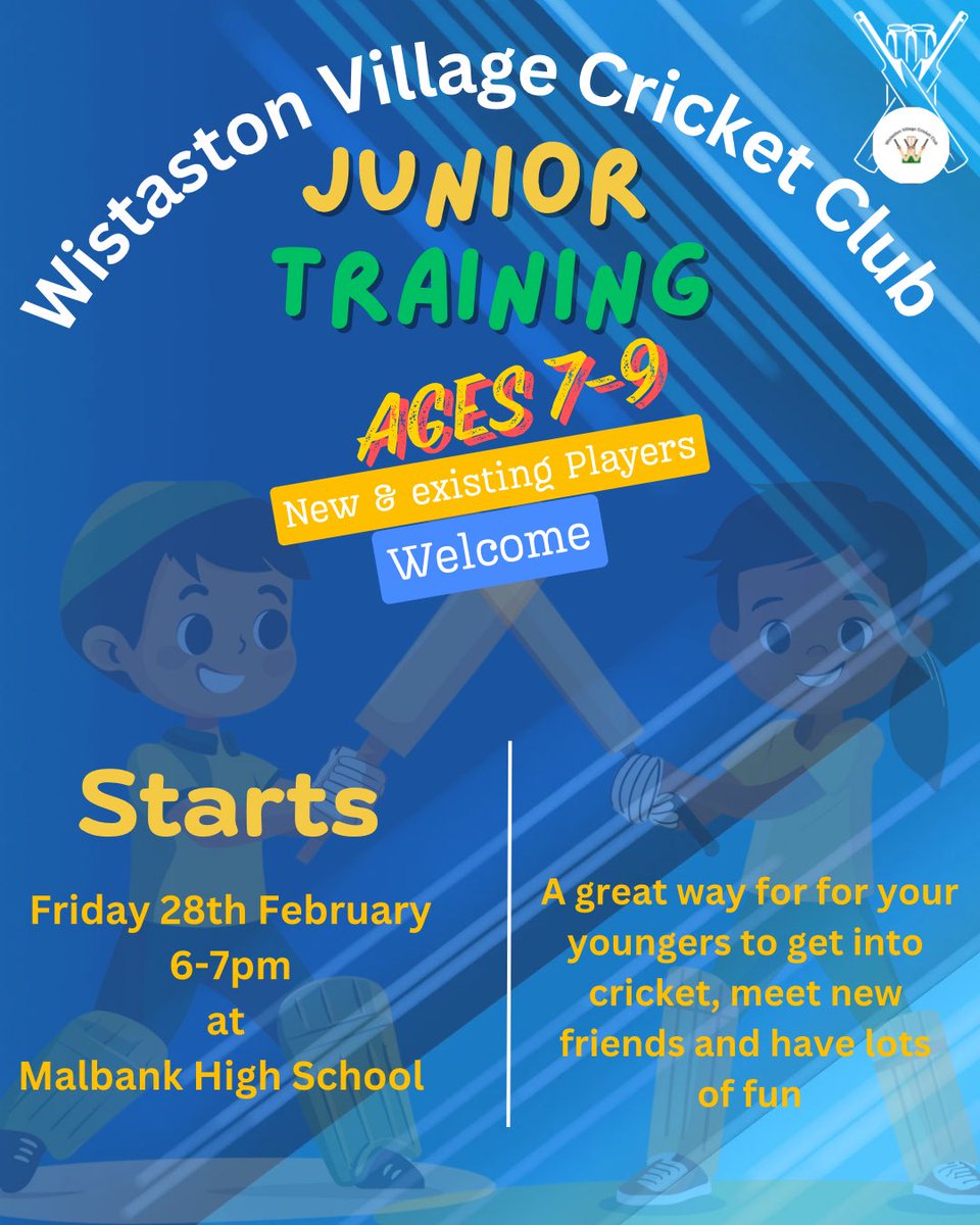 🏏We’re kicking off the Junior Training this week. If you have a budding Sophie Ecclestone or Jos Butler then get in touch. Wistaston Village Cricket Club is a friendly inclusive village cricket club where everyone is welcome from complete beginners to existing players. 
🏏