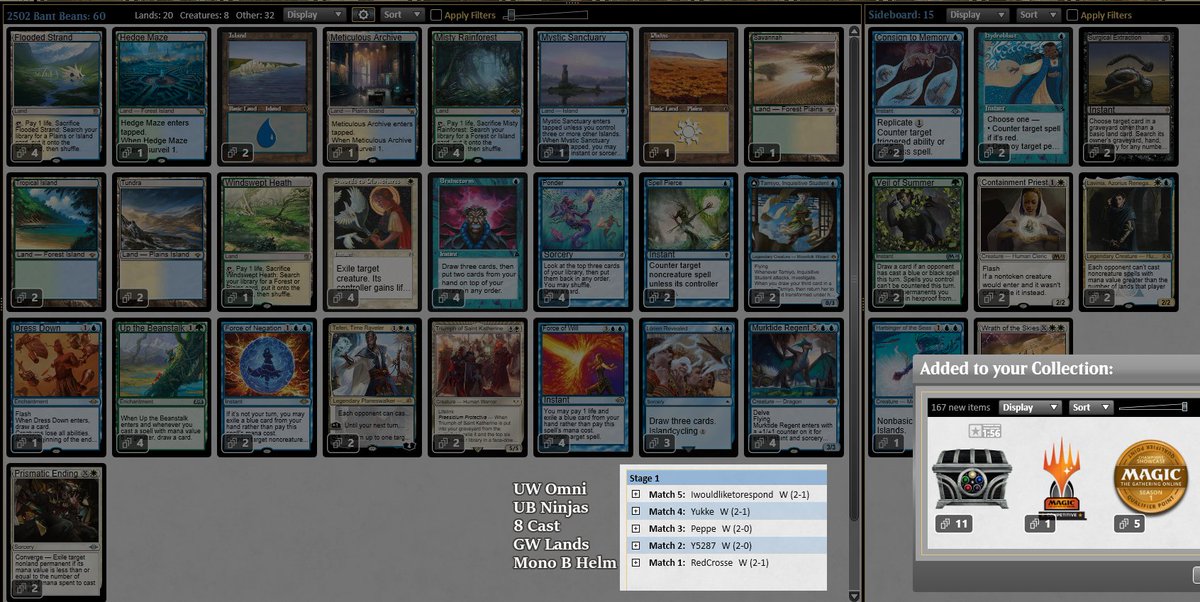 FrancisCowper's tweet photo. Sunday morning Trophy with Bant Beans.  

I tried a league with Leyline Binding and hated getting wastelanded off my removal vs tempo and so cut it and here we are. Murktide feels great in a format where Swords is at a low ebb.  

🧙‍♂️ https://t.co/Gc54IHc3EG