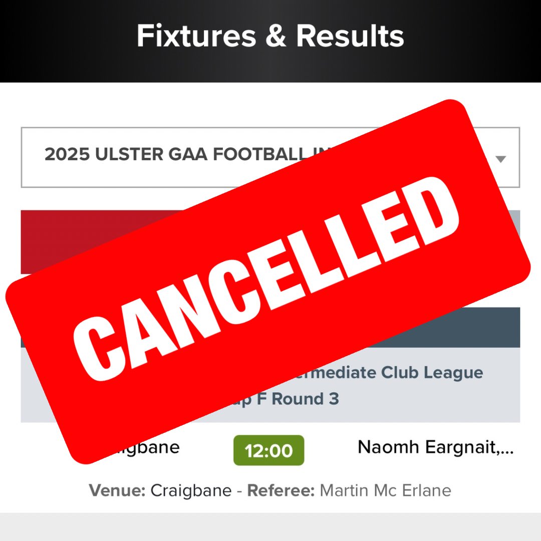 This mornings Ulster League Fixture between Moneyglass &amp; Craigbane has been cancelled due to weather. Please share thank you.