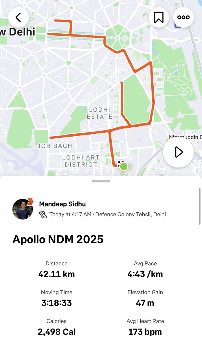 sidhumandeep624's tweet image. Completed the Apollo New Delhi Marathon today! First long run after 5 weeks of recovering from a calf injury—felt great to be back out there. Grateful for a strong run and a pain-free finish! #NDM #ComebackRun