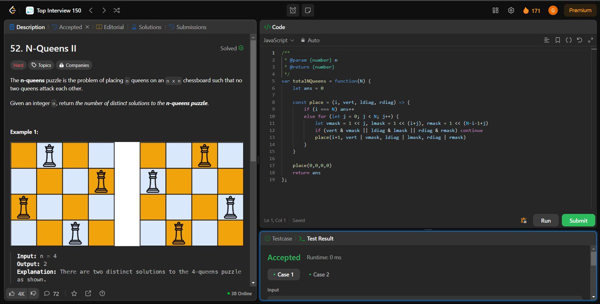 coding_ez24105's tweet image. Leveling up my problem-solving skills! 🚀 Today, I tackled:
♟️ N-Queens
📝 Generate Parentheses
🔍 Word Search
🌳 Convert Sorted Array to BST
Every challenge brings new insights! 💡
#LeetCode #Coding #100DaysOfCode #BinaryTree