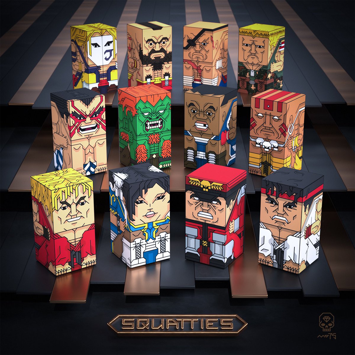 My 12 <a href="/Squatties/">Squatties</a> style Street Fighter characters. Once in an artzine as a centre fold, later used by <a href="/CapcomEurope/">Capcom Europe</a> for a game launch media event, and now repurposed for <a href="/beeple/">beeple</a> latest art event.