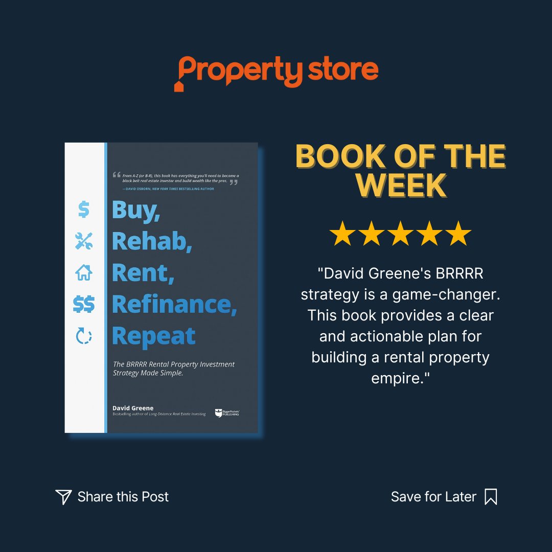 PropertyStore_'s tweet photo. A practical guide to building a rental property empire! 🔄

🏡 Save this post for your BRRRR blueprint! 

#BRRRRStrategy #DavidGreene #RealEstateBooks #RentalProperties #PropertyInvesting #InvestmentTips #BookRecommendations #RealEstateAdvice #WealthBuilding #MustRead https://t.co/0EkbEUGAjb