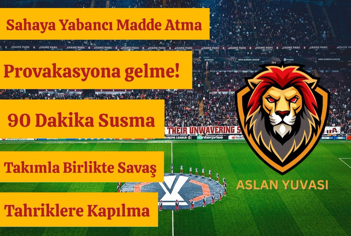 Yarın onlara istediklerini verme

-Provakosyona gelme
-Sahaya Yabancı Madde Atma
-Telefonları Kapat
-Takımla birlikte savaş
-Tahriklere kapılma
- Galatasaray için 90 dakika susma
-Onlara Cehennemi Yaşat