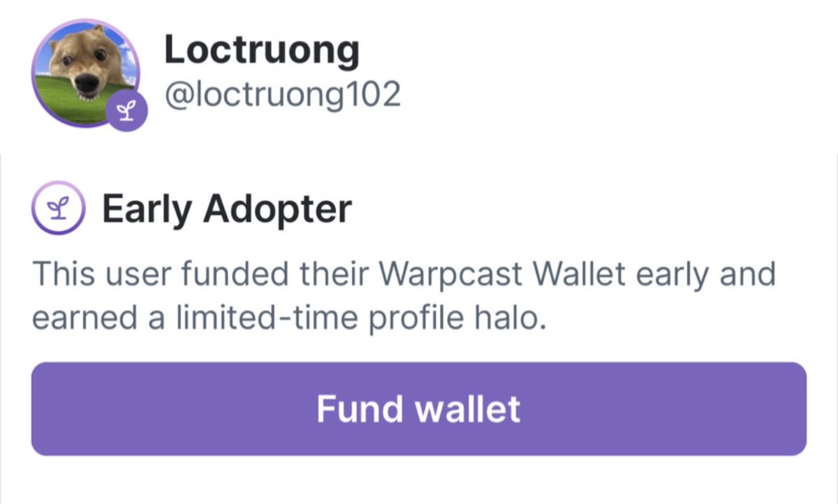 ⭐️ Warpcast - Nhận Role Early Adopter

Watpcast (<a href="/farcaster_xyz/">Farcaster</a>) vừa mở hệ thống Ví, ae có thể nhận đc Role Early Adopter khi trải nghiệm sớm tính năng này.

Các bươc tham gia

- Vào App Warpcast sẽ thấy mục Wallet
Copy địa chỉ rồi Deposit 0,003 $ETH mạng Base
-