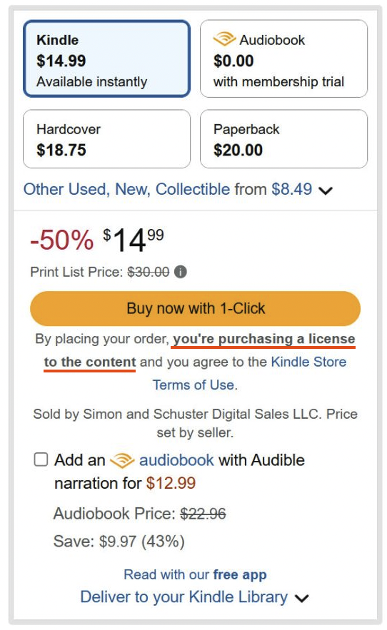 brunocroh's tweet photo. Esta semana, a Amazon anunciou que a feature de baixar livros comprados no Kindle seria removida

Agora a página de compra foi atualizada para avisar que você está comprando uma Licença, e não o Livro

Se comprar não é possuir, então piratear não é roubar.

Eu não compro mais lá
