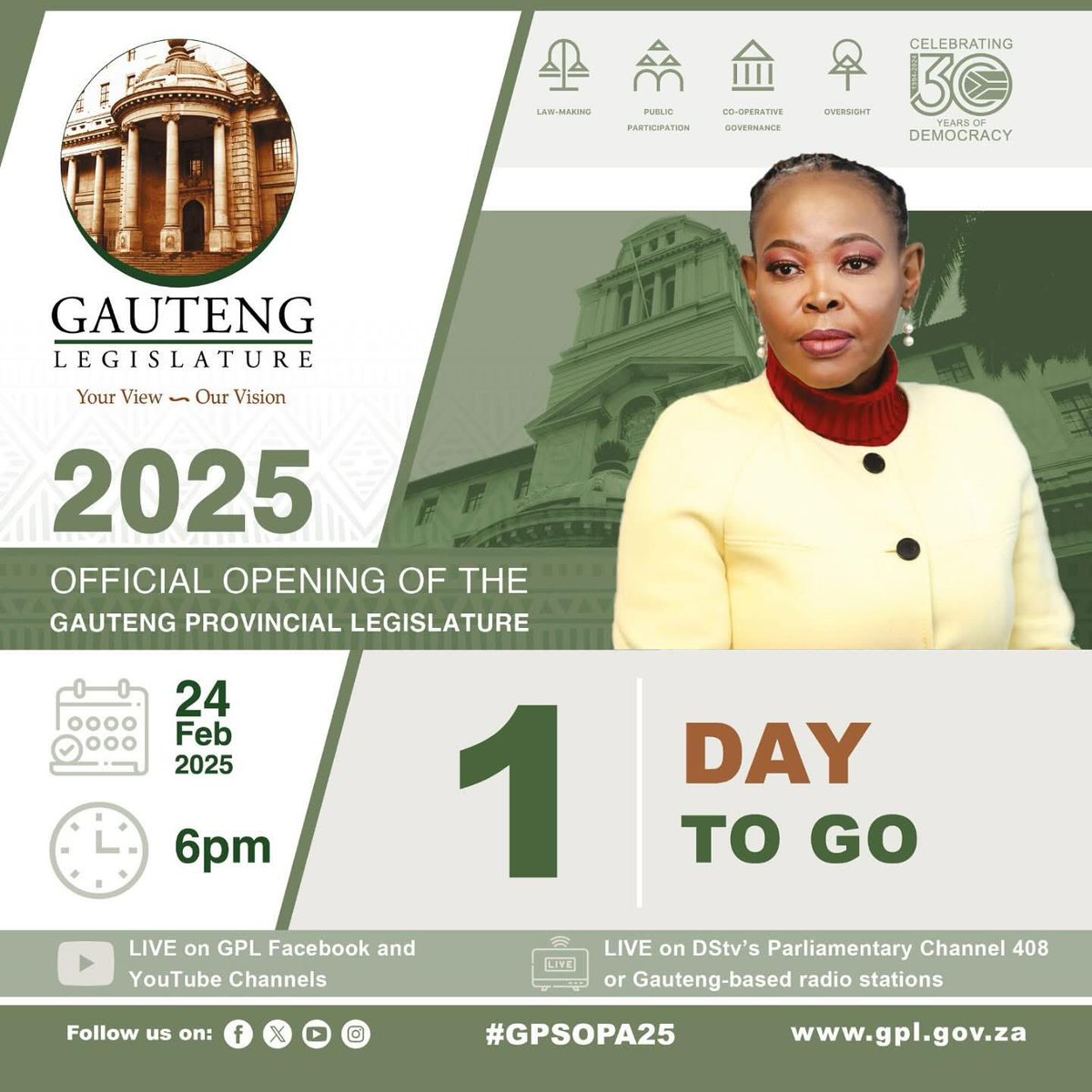 1️⃣ day until  the #gplsopa2025, watch the proceedings live on the GPL YouTube and Facebook channels tomorrow Gauteng Provincial Legislature. 

#gautengatwork 
#gpsopa2025
#gautenglegislature