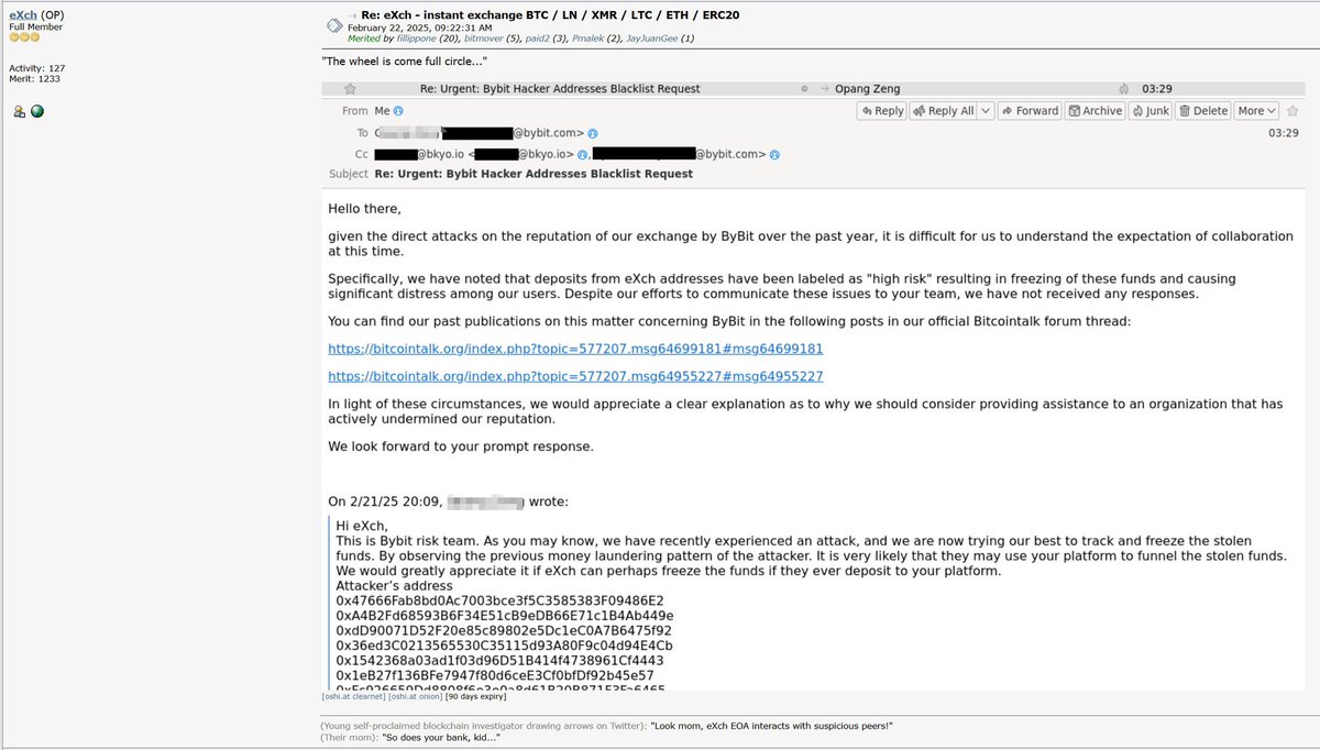 CryptoLuffy007's tweet photo. 🚨eXch Refuses to Cooperate After Being Linked to North Korean Hackers 

👉 @Bybit_Official request for assistance was rejected by eXch, the coin mixer used by North Korean hackers. 

👉 @SlowMist_Team warns that eXch has been involved in multiple security breaches, even exposing security personnel’s data.

Exchanges must tighten risk controls on funds linked to eXch! ⚠️🔍

#CryptoSecurity #Bybit #eXch #Blockchain $ETH