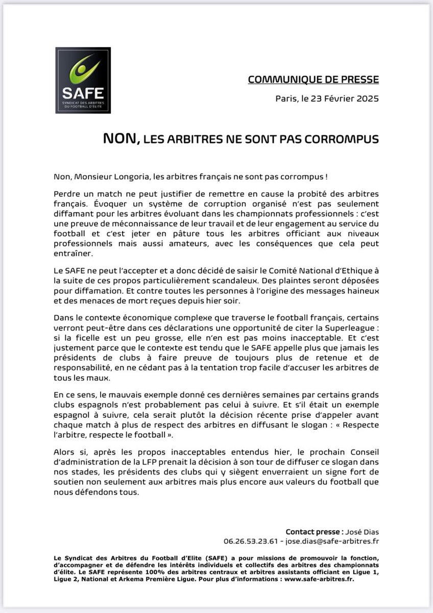 ActuFoot_'s tweet photo. « 𝗡𝗢𝗡, 𝗟𝗘𝗦 𝗔𝗥𝗕𝗜𝗧𝗥𝗘𝗦 𝗡𝗘 𝗦𝗢𝗡𝗧 𝗣𝗔𝗦 𝗖𝗢𝗥𝗥𝗢𝗠𝗣𝗨𝗦 » ❌

Le communiqué de presse du Syndicat des Arbitres du Football d’Élite, représentant des arbitres français dans l’élite.

📸 @ArbitresSAFE https://t.co/idvaBk1FpO