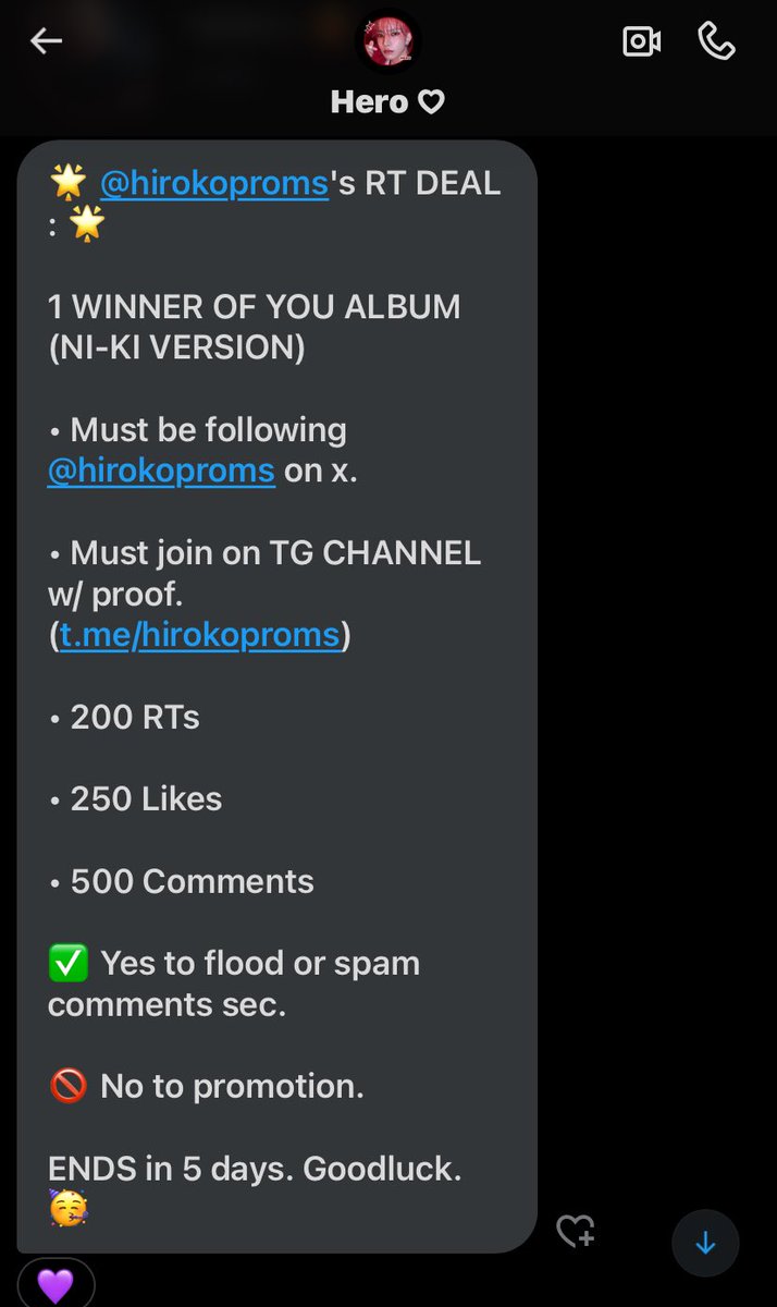 — Good day, everyone! I got a rt deal from <a href="/hirokoproms/">Hero ♡</a>. Retweets, Likes, and Comments are appreciated. This is my first rt deal. Thank you in advance!!! 🥹💜✨