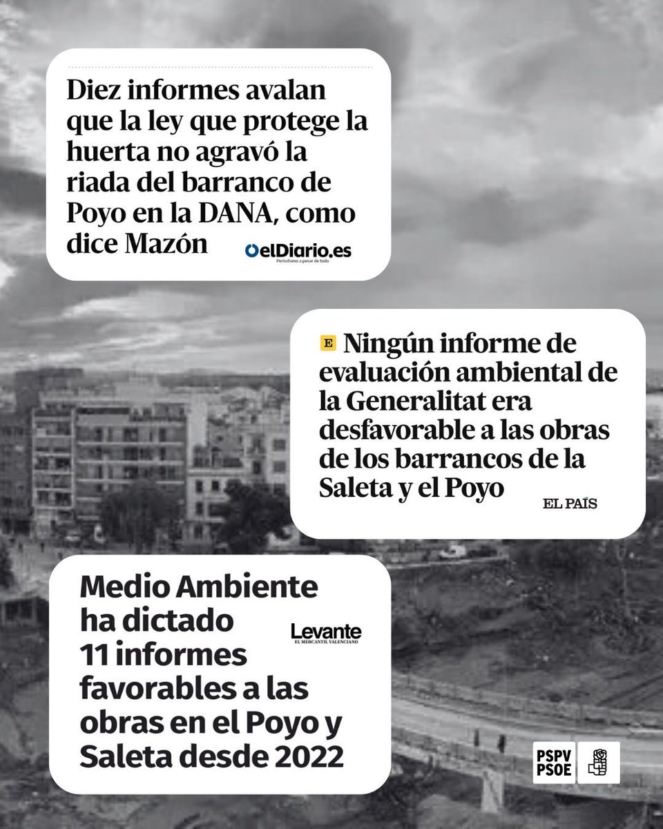 Mazón miente una vez más. Ningún Informe sectorial contra en el proceso de evaluación ambiental de los barrancos de la Saleta y del Poyo. Mazón ha mentido sistemáticamente, afirmando que la Llei de l’Horta impedía las obras. Lo informes desmienten sus bulos. No hay nada como leer