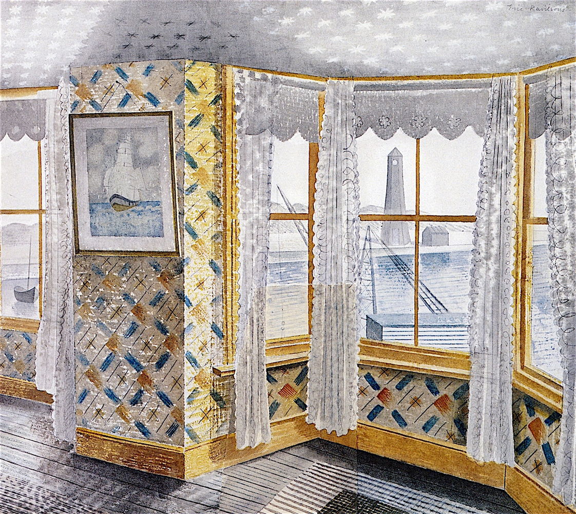 Room at the ‘William The Conqueror’, Eric Ravilious, c.1938. It depicts his view from a room he rented at Rye Harbour in East #Sussex. The original artwork is in a private collection.