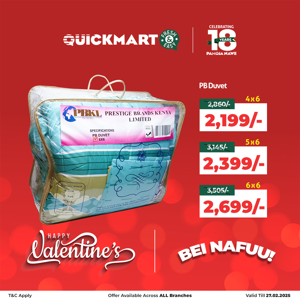 QuickmartKenya's tweet image. Save big on quality beddings and elevate your sleep game. Head to Quickmart now and discover the best deals on comfort. 

*Offer validity as indicated at the bottom right of the image.

#HappyValentines
#18YearsPamojaNawe
#BeiNafuu
#FreshAndEasy