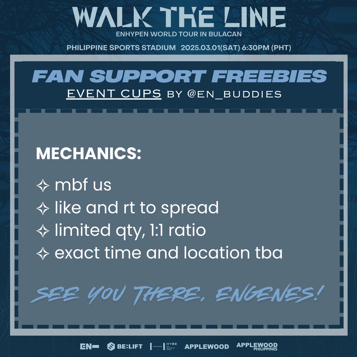 en_buddies's tweet photo. #WALKTHELINE_IN_BULACAN FREEBIES!

There's only few days left before the concert! With that, we'll be giving away various @en_buddies CSE Cups!  ִֶָ 𓂃⊹ ִֶָ 

✧ mbf us
✧ like and rt to spread

see you there, engenes~ 💙
 
#EN_BUDDIES #ENHYPEN 
#EN_WORLDTOUR_WALKTHELINE https://t.co/gAk5rJ3WEK