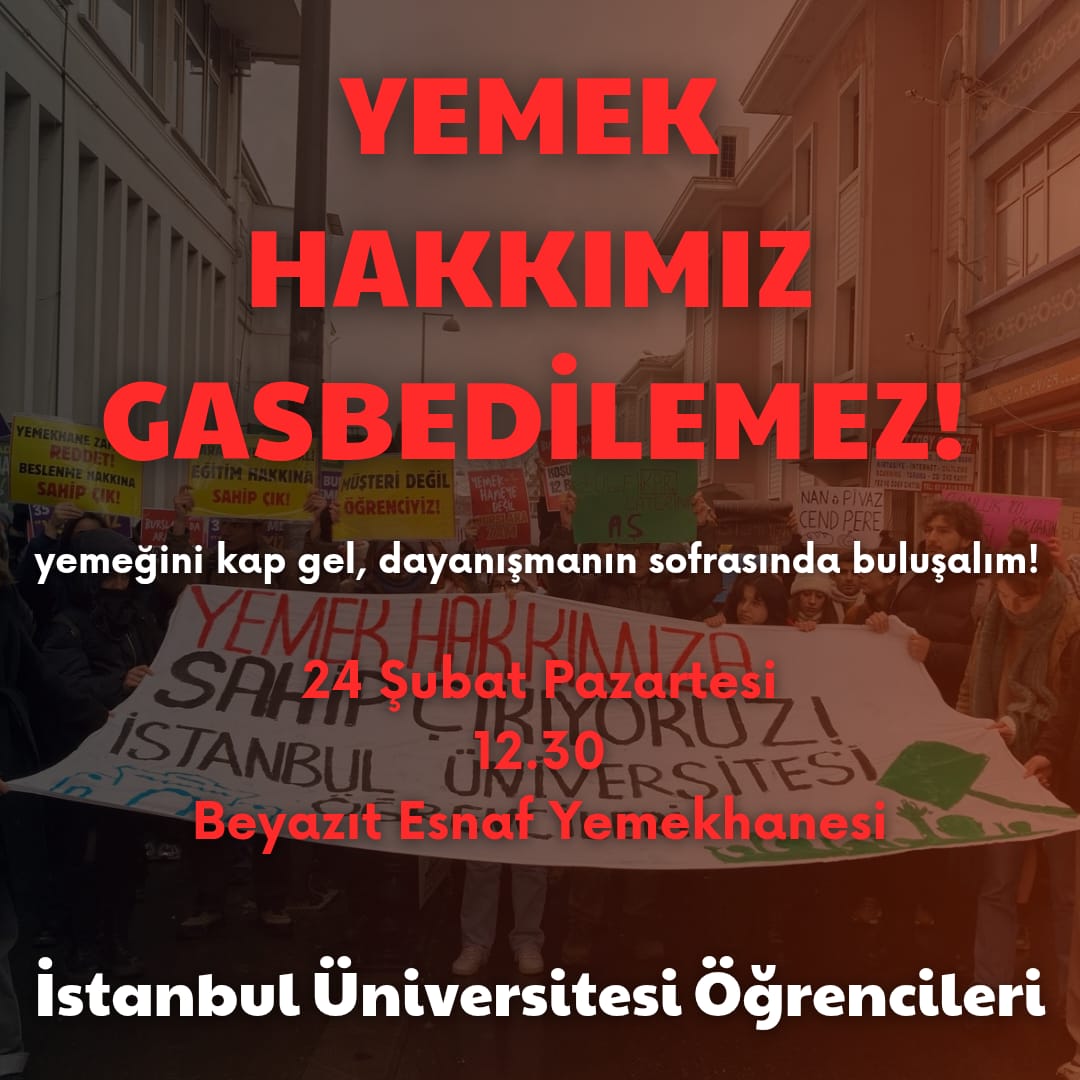 Yarın bütün sıra arkadaşlarımızı dayanışma sofrasına, saat 12.30'da Esnaf Yemekhanesine bekliyoruz!