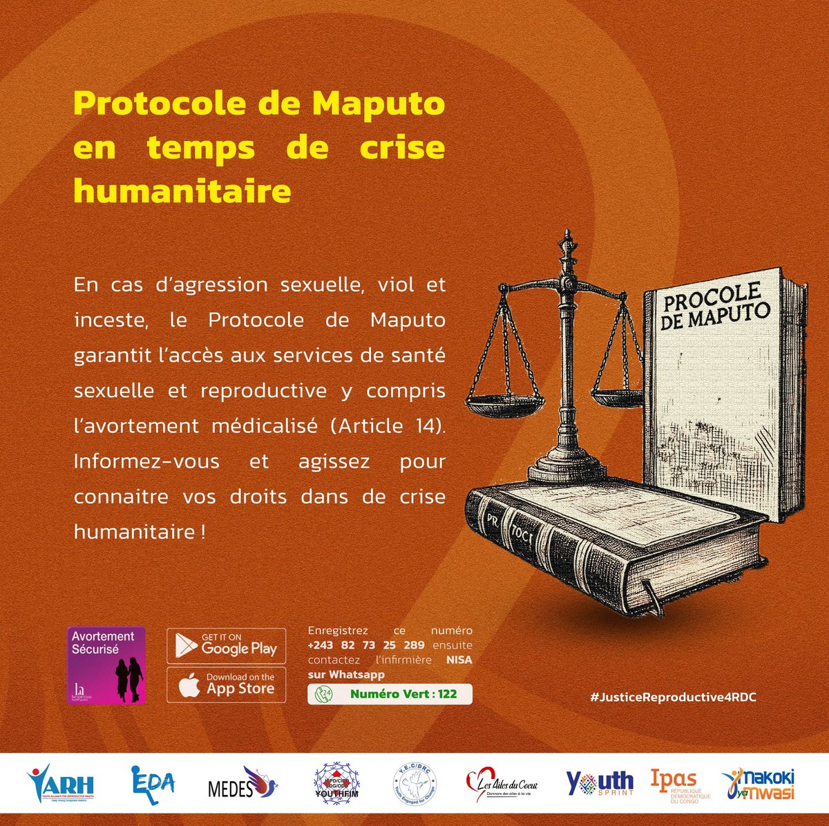 #MakokiYaMwasi: En situation de crise humanitaire, chaque femme et fille survivante de violences sexuelles a le droit d’accéder à des soins de santé adaptés. Le #ProtocoledeMaputo garantit l’accès aux services de santé sexuelle et reproductive, y compris l’avortement médicalisé