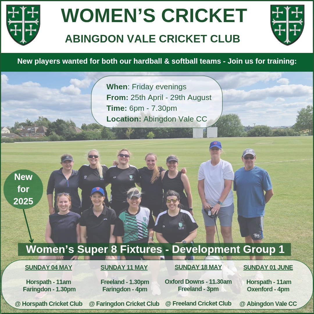 AbingdonValeCC's tweet photo. We are looking for players to join our Women's team. 

New for 2025 - We will be competing in the Super 8 Development League (Group 1). 

We also intend to play in some of the softball tournaments throughout the summer as well. 

Please feel free to contact us for further info. https://t.co/CYcq16etni