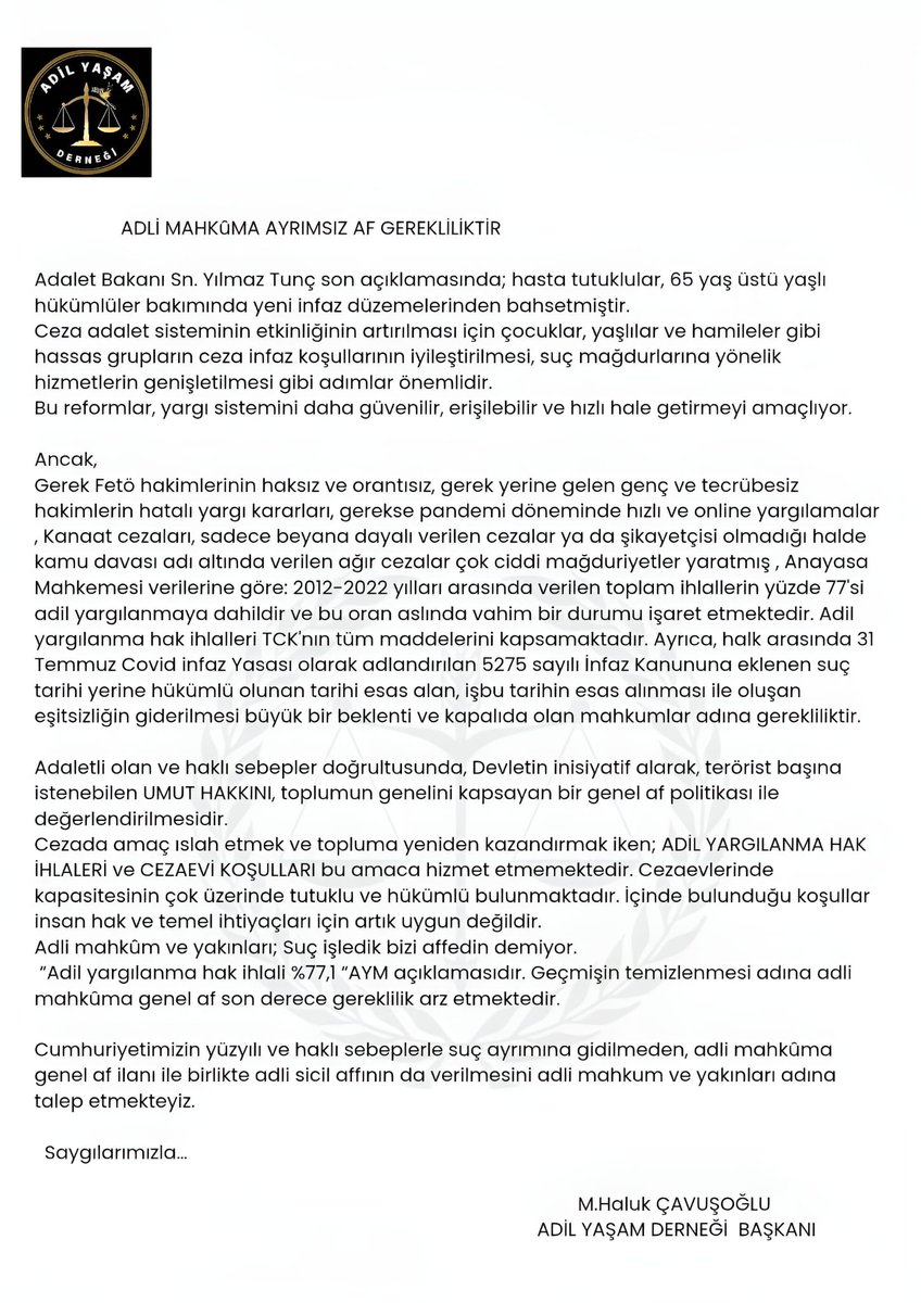 İçinde olduğumuz durumda
Ucundan kenarından olan,
Adil olmayandir
Adli mahkuma ayrimsiz af ve sicil affı Gereklidir 
YüzYılAffı BarışıSağlar <a href="/RTErdogan/">Recep Tayyip Erdoğan</a>
<a href="/TBMMGenelKurulu/">TBMM Genel Kurulu</a> <a href="/eczozgurozel/">Özgür Özel</a> <a href="/herkesicinCHP/">CHP 🇹🇷</a>