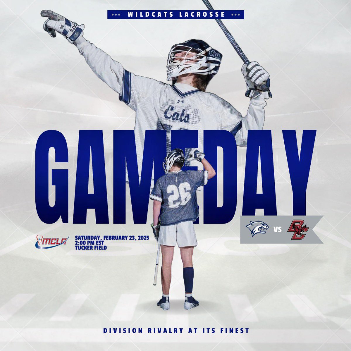 UNHLacrosse's tweet image. CATS PLAY TODAY‼️
UNH faces off against CLC rival @BC_Mens_Lax #Rise 

⏰ 2:00pm
📍Tucker Field
📺 Streaming link to follow