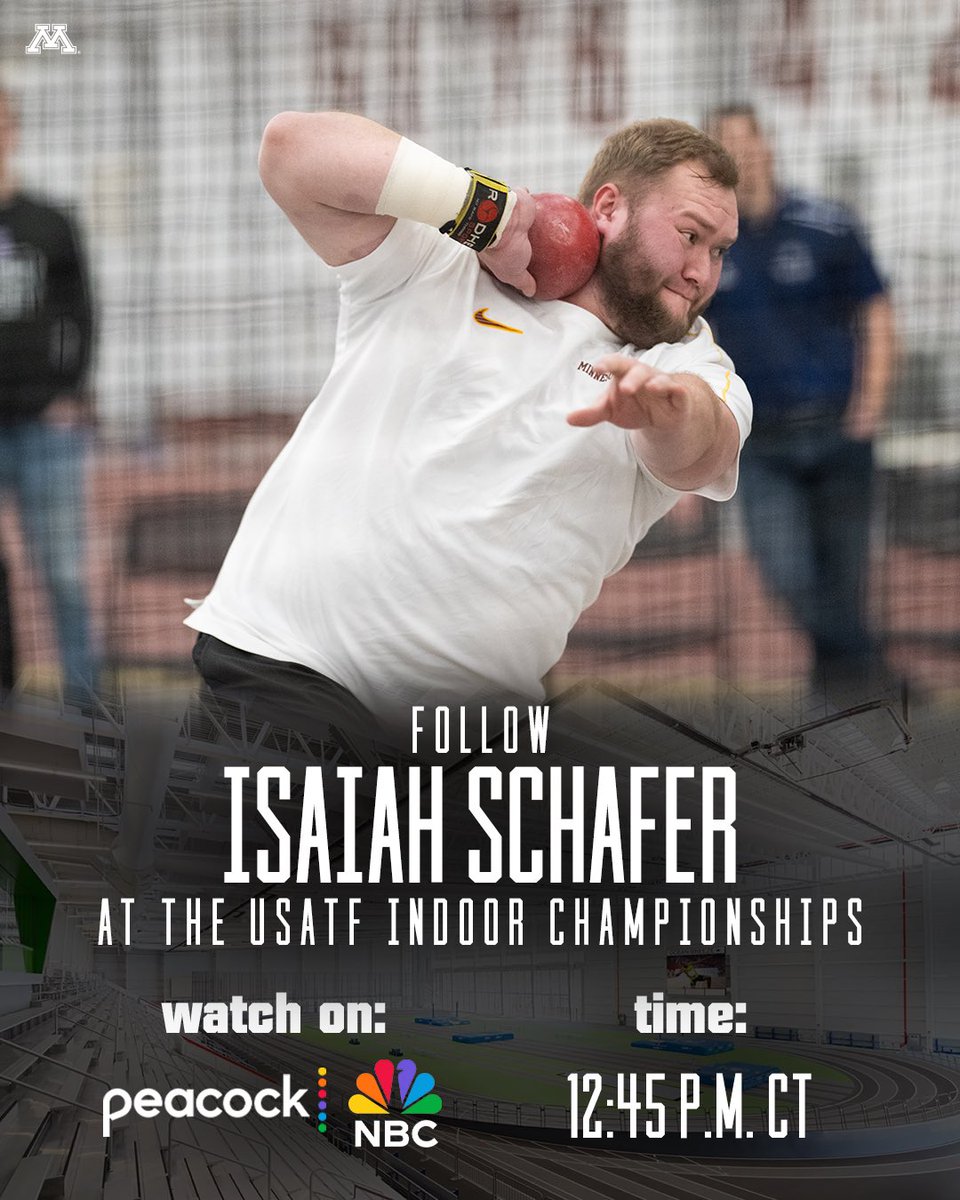 Today our very own <a href="/isaiah_schafer/">Isaiah</a> competes at the #USATFIndoors Championships! 

The shot put final begins on USATF.tv and will continue on NBC and <a href="/peacock/">Peacock</a> starting at 1 pm CT! #ncaaTF