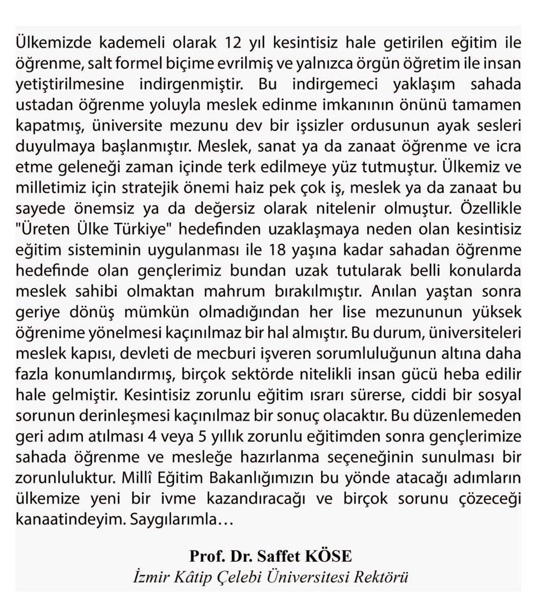 Ülkemizde kademeli olarak 12 yıl kesintisiz hale getirilen eğitim ile öğrenme, salt formel biçime evrilmiş ve yalnızca örgün öğretim ile insan yetiştirilmesine indirgenmiştir. #12yilkesintisiz <a href="/Yusuf__Tekin/">Yusuf Tekin</a>