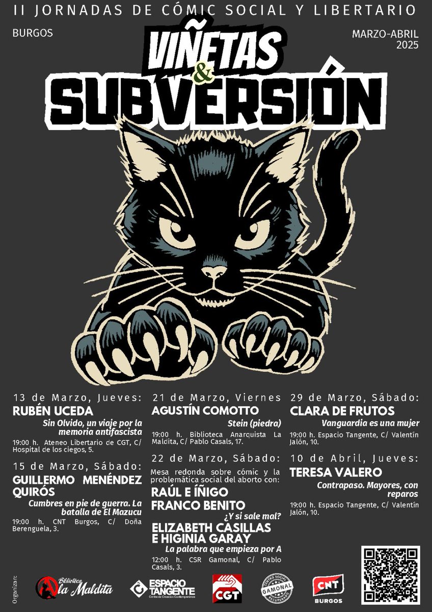 Este marzo y abril contaremos con las segundas jornadas de cómic social y libertario VIÑETAS Y SUBVERSIÓN. 

❤️🖤 ANÍMATE Y ACÉRCATE 🖤❤️

⬇️ Aquí el cartel con las fechas de las presentaciones ⬇️