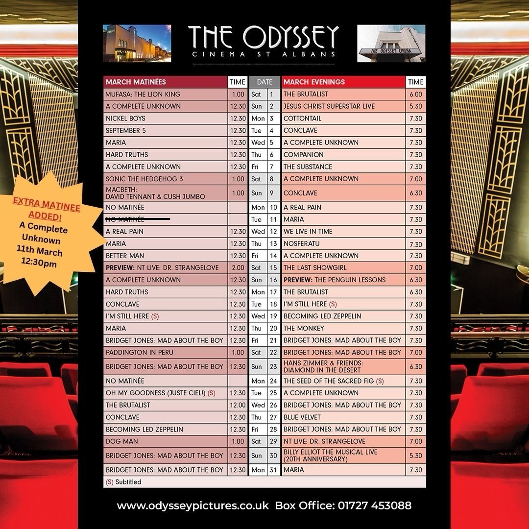 Our March Programne is here! All films  in March can now be booked online odysseypictures.co.uk, in person and via phone 0727-453088. Our printed programme can be picked up from the foyer and our programme display stands just outside the main entrance when we’re not open