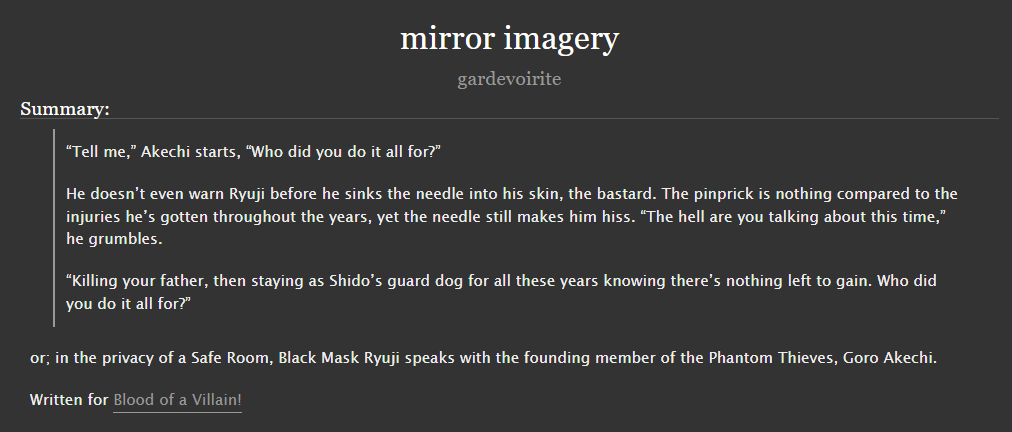 mirror imagery

➼ ryuji &amp; akechi
➼ 2.5k, rated T
➼ roleswap! black mask ryuji, founding phantom thieves member goro, and their shared familial trauma 
➼ link: archiveofourown.org/works/63333286

written for <a href="/traitorszine/">BLOOD OF A VILLAIN || Donation made! Check pinned</a>! with art by <a href="/lunemoths/">AKI .ᐟ 🌙 🦋</a> 🫶