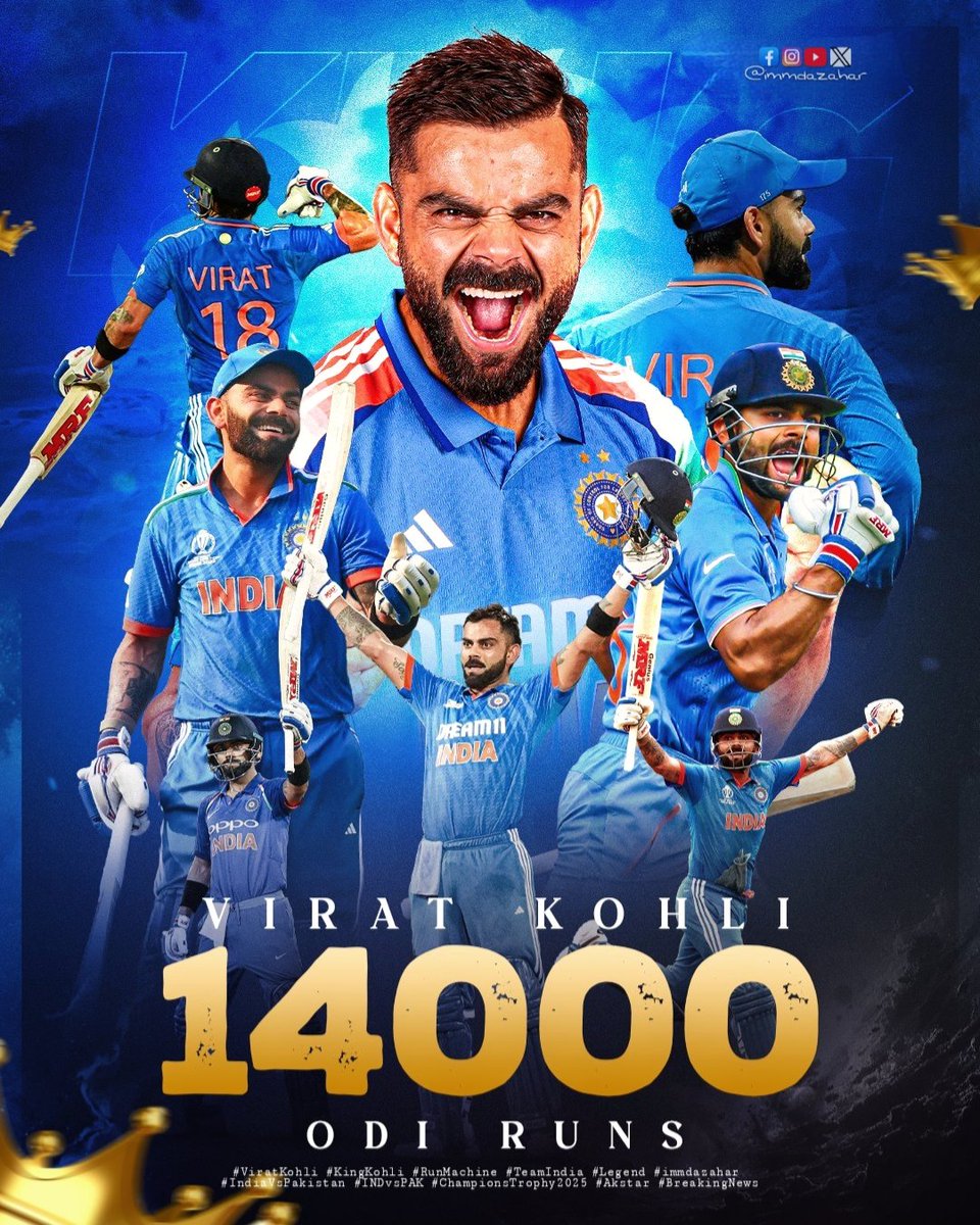 immdazahar's tweet photo. 𝐇𝐈𝐒𝐓𝐎𝐑𝐘 𝐂𝐑𝐄𝐀𝐓𝐄𝐃!
14,000 ODI runs and counting for the undisputed KING! 🏏🔥
Virat Kohli becomes the fastest to achieve this milestone
Salute to the legend! 🇮🇳
#ViratKohli𓃵 #KingKohli #TeamIndia #Legend #immdazahar #INDvsPAK #ChampionsTrophy2025 #Akstar https://t.co/QLGQY2idYN