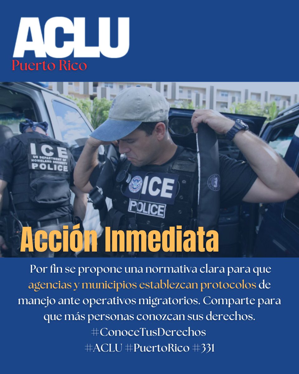 Las redadas migratorias han generado temor y confusión. El Proyecto #331, presentado a petición de la @ACLU_PR, busca garantizar un trato digno a nuestras comunidades y salvaguardar el debido proceso de ley. ¡Que corra la voz! #JusticiaSocial