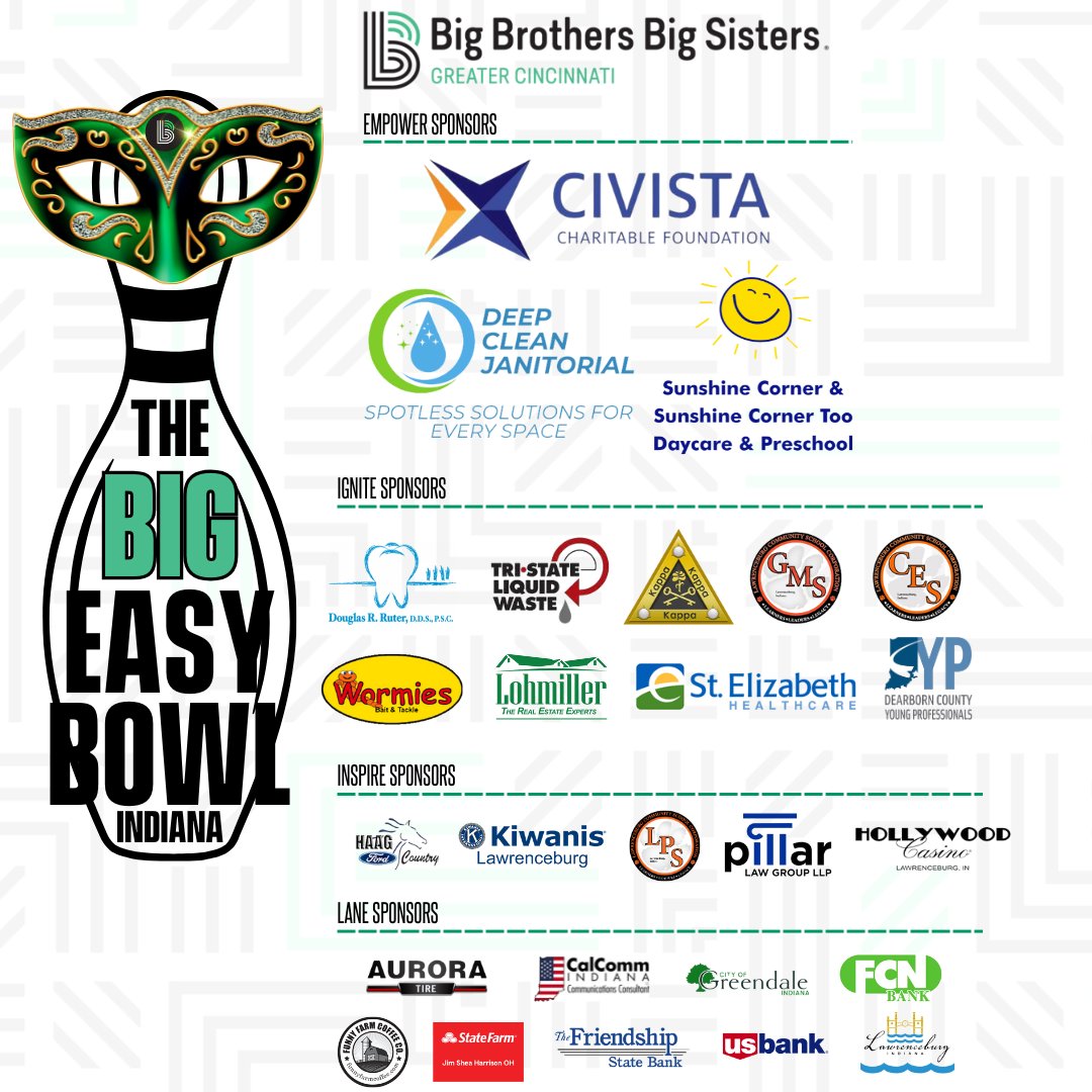 Today is the 2025 Indiana Bowl For Kid's Sake! 🎳💚🖤

A BIG "Thank You" to our amazing sponsors who helped make today possible. We at BBBSGC are so thankful that you believe in the power of mentorship for the youth of Greater Cincinnati!