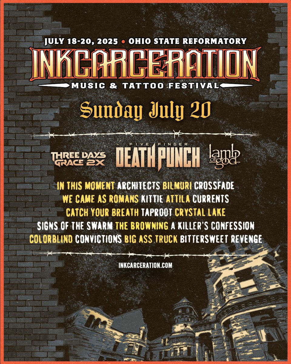 Get ready to end your Inkcarceration weekend with a bang!🔥

Sunday’s lineup will see out an explosive three days in Ohio! Brace yourselves for Five Finger Death Punch's massive headline set, along with an unforgettable mix of metal legends &amp; rising stars. bit.ly/INK25-SundayLi…