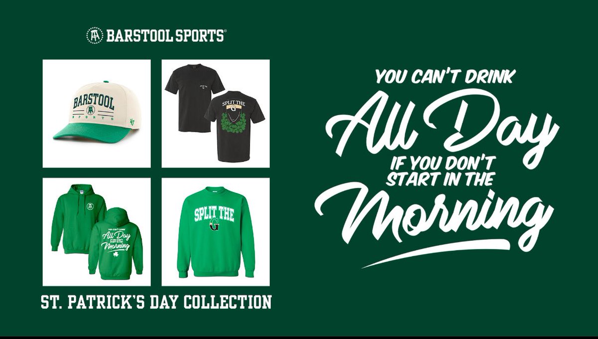 MACBarstool's tweet image. ST PADDY’S DAY IS COMING UP, AND THE 2025 BARSTOOL COLLECTION IS LIVE 🍀🍀 CHECK IT OUT bit.ly/46IphVI