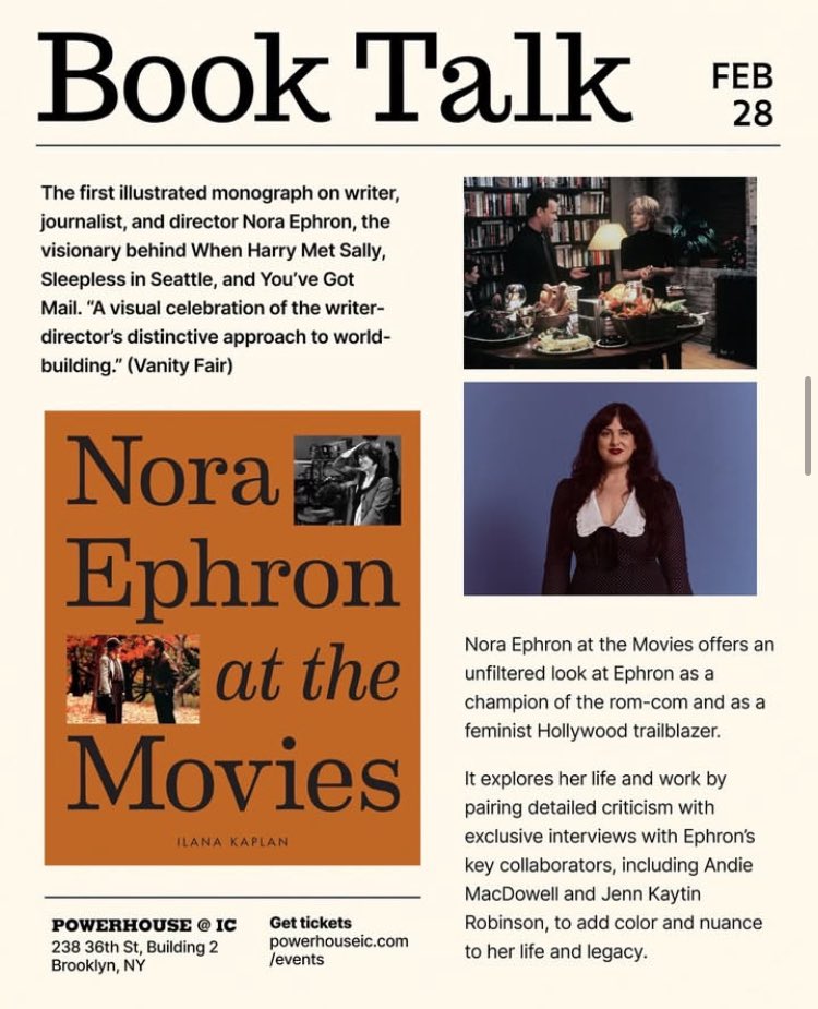 ilana kaplan (@lanikaps) on Twitter photo Brooklyn! This Friday 2/28 I’m going to be chatting about Nora Ephron at the Movies <a href="/powerHouseBooks/">powerHouse Books</a> with <a href="/imjasondiamond/">Jason Diamond</a> who wrote the foreword! Maybe you’ll even get to hear more about his forthcoming novel 👀
Grab your tickets here! powerhouseic.com/events/book-ta… Brooklyn! This Friday 2/28 I’m going to be chatting about Nora Ephron at the Movies <a href="/powerHouseBooks/">powerHouse Books</a> with <a href="/imjasondiamond/">Jason Diamond</a> who wrote the foreword! Maybe you’ll even get to hear more about his forthcoming novel 👀
Grab your tickets here! powerhouseic.com/events/book-ta…