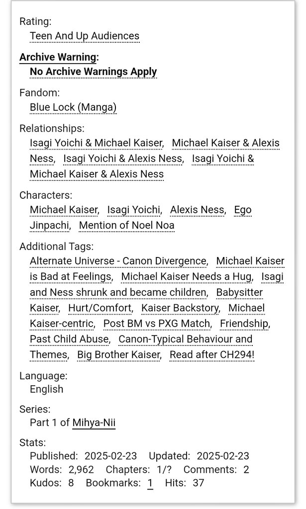 Diameint's tweet photo. A Michael Kaiser-Centric Fic.
Platonic #kiis | #kins | #isns 
 
Chapter 1/? Of — Mihya-Nii 

Sooo, this is my first ever Blue Lock long narration fanfic. Please be nice, feedbacks and comments are very appreciated. I know my narration has skill issues but I really wanted to— https://t.co/mPft1hhqCj