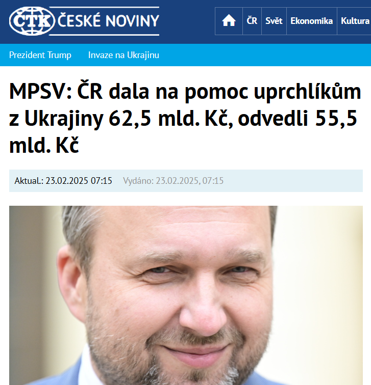 Někdo se tady plete. České ministerstvo práce a sociálních věcí říká, že na pomoc ukrajinským uprchlíkům dalo Česko od začátku invaze do konce loňska 62,5 miliardy Kč. Podle Institutu pro světovou ekonomiku v německém Kielu to ale bylo 7,96 miliardy eur, tedy 199,6 miliardy Kč.