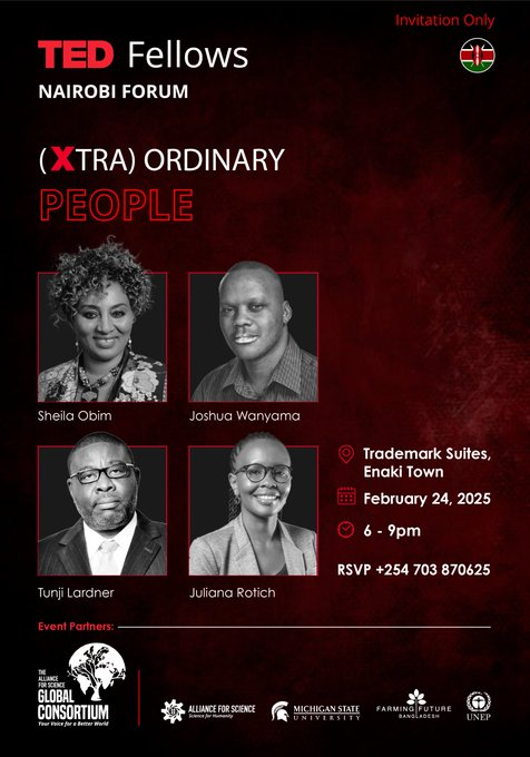 Alliance for Science (@scienceally) on Twitter photo Less than 24 hours to go! The TED Fellows Nairobi Forum is bringing together visionaries, innovators, & changemakers. 💡Join us tomorrow for an unforgettable evening of ideas and impact! <a href="/SheilaAfrica/">Dr. Sheila Obim (formerly Ochugboju)</a> <a href="/wanyama/">Joshua Wanyama</a> <a href="/afromusing/">Juliana Rotich</a> <a href="/TunjiLardner/">Tunji Lardner</a>
#TEDFellows #NairobiForum #FutureofScience Less than 24 hours to go! The TED Fellows Nairobi Forum is bringing together visionaries, innovators, & changemakers. 💡Join us tomorrow for an unforgettable evening of ideas and impact! <a href="/SheilaAfrica/">Dr. Sheila Obim (formerly Ochugboju)</a> <a href="/wanyama/">Joshua Wanyama</a> <a href="/afromusing/">Juliana Rotich</a> <a href="/TunjiLardner/">Tunji Lardner</a>
#TEDFellows #NairobiForum #FutureofScience