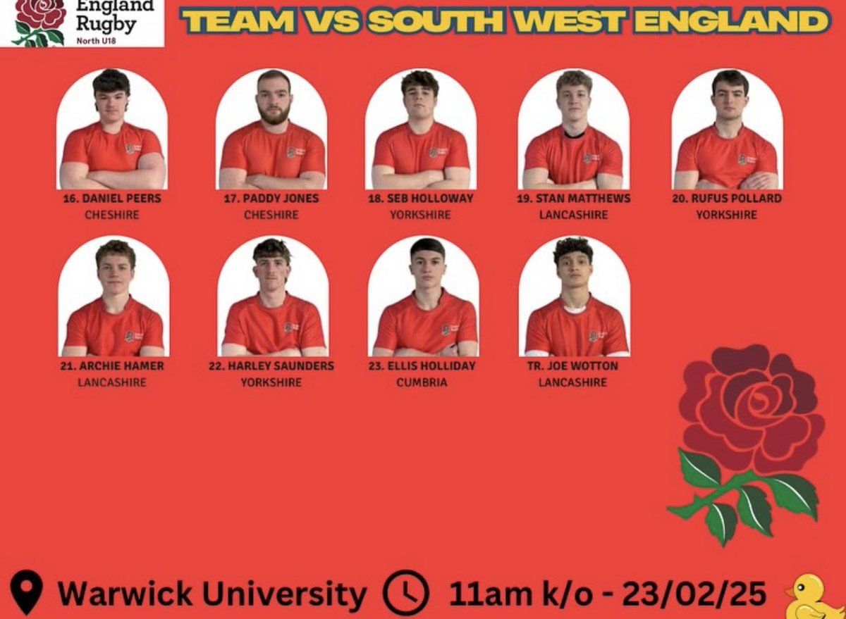 Scarborough RUFC (@scarboroughrufc) on Twitter photo Wishing Seb Holloway & Rufus Pollard the best of luck as they play for North England U18’s against South West England at Warwick University! 
Good luck, lads 💪🏻 Wishing Seb Holloway & Rufus Pollard the best of luck as they play for North England U18’s against South West England at Warwick University! 
Good luck, lads 💪🏻
