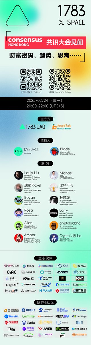 🚀 #Web3共识之夜 HONG KONG | 加密财富与未来趋势全解析 🌐
⏰ 2025/02/24（周一）20:00-22:00 (UTC+8)
📍Space链接：    
        x.com/i/spaces/1PlJQ…

💎 核心议题
        2025年，加密财富与未来趋势全解析

🌟 嘉宾阵容
🔥<a href="/yuge188/">宇哥</a> Web3Link &amp; TopFundFounding Partner
🔥@BTV_cn