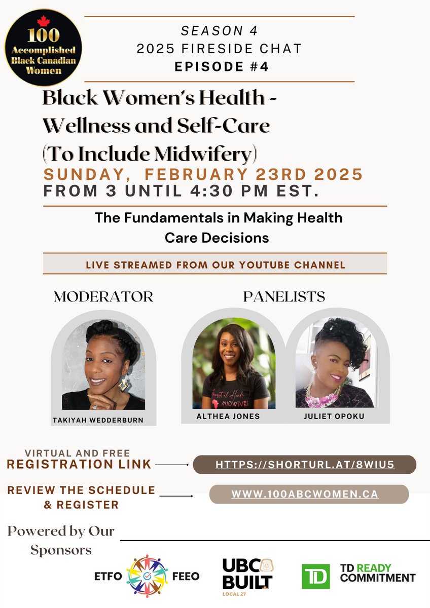 100 ABC WOMEN - Fireside Chat, February 23rd from 3 to 4:30PM.  Topic: Black Women's Health.